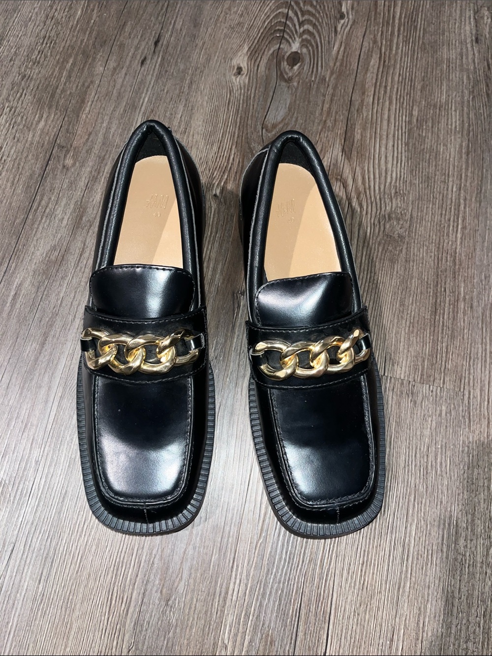 H&M Faux Leather Loafers with Gold Chain Detail